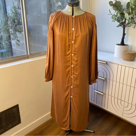SANCIA Button-Front Midi Dress in Caramel Satin, Size S, NWT - Picture 1 of 10